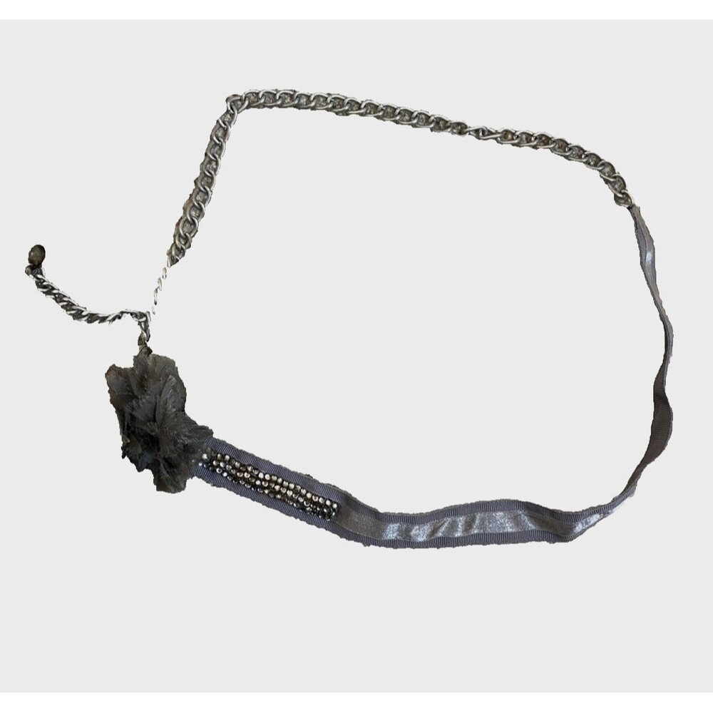 Gray Fabric Belt with Rhinestones, Thin, Silver Chain Flower Accent, Adjustable